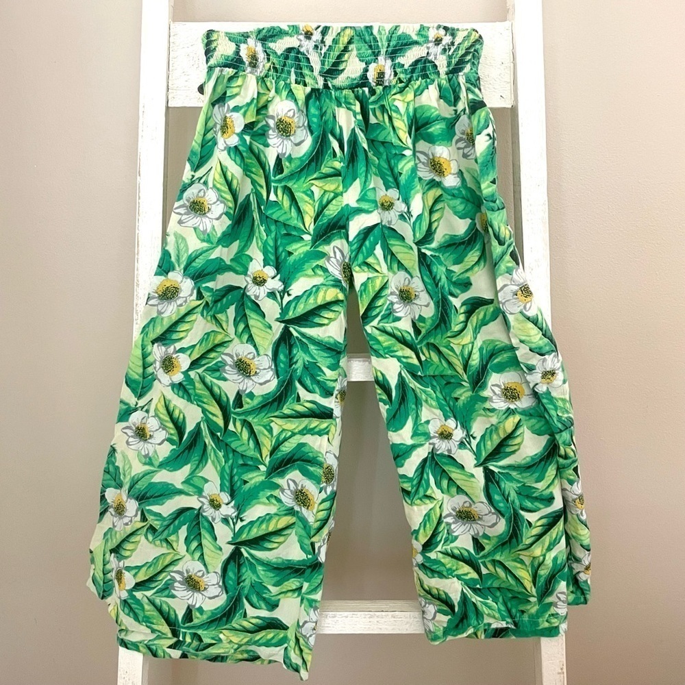 tropical leaf print wide-leg capris​​​​​​​